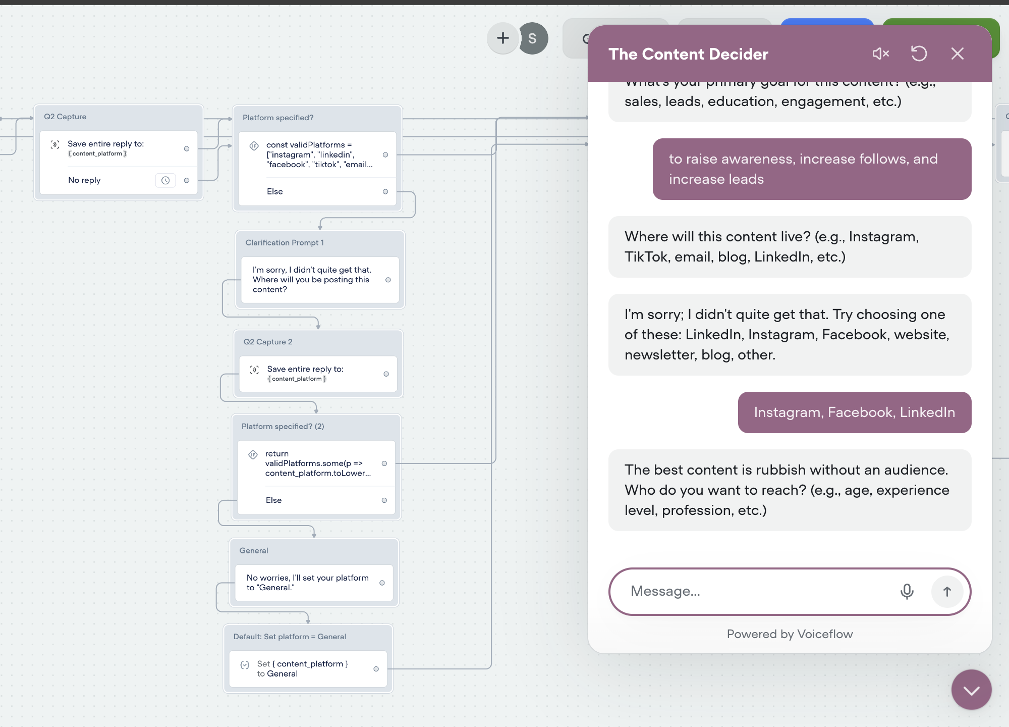Voiceflow canvas showing structured logic nodes and live bot preview